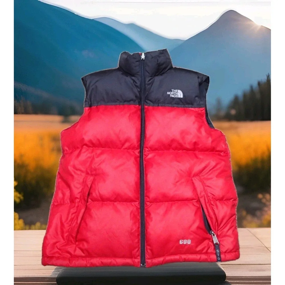 The North Face Puffer Vest Boys Large Red Black Excellent‎ 600 Down Insulated